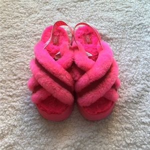 Neon pink Ugg platform slippers